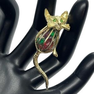 Vintage gold tone green rhinestone colorful CZ mouse rodent brooch pin cat rat